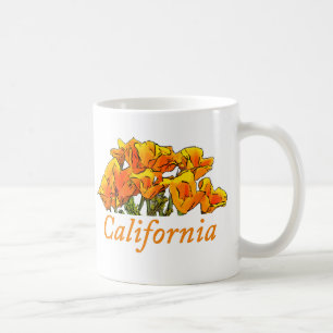 Stylised California Poppy Art, "California" text Coffee Mug
