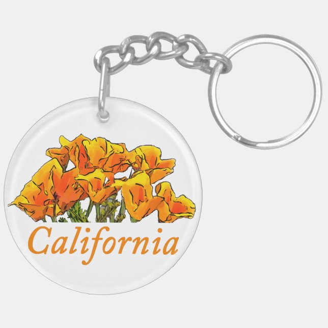 Stylised California Poppy Art, "California" text Key Ring (Back Left)