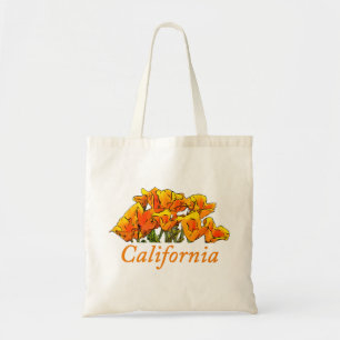 Stylised California Poppy Art, "California" text Tote Bag