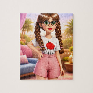 Stylised Cartoon Girl with Braids and Glasses i Jigsaw Puzzle