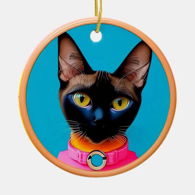 Stylised Cat Portrait With Bold Colours Ceramic Tree Decoration (Front)