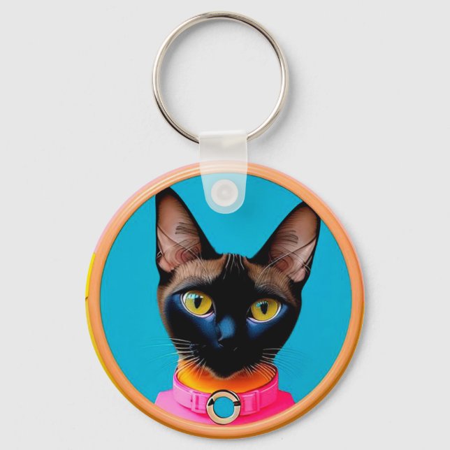 Stylised Cat Portrait With Bold Colours Key Ring (Front)
