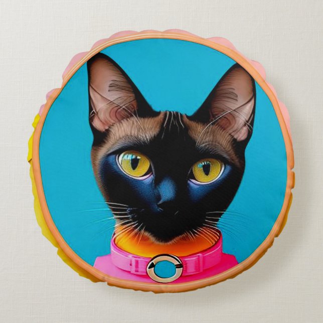 Stylised Cat Portrait With Bold Colours Round Cushion (Front)