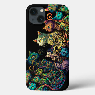Stylised Cat Tribe Colours on Black Frieze iPhone 13 Case