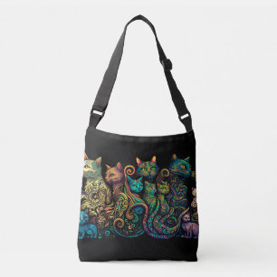 Stylised Cat Tribe Colours on Black Frieze Crossbody Bag