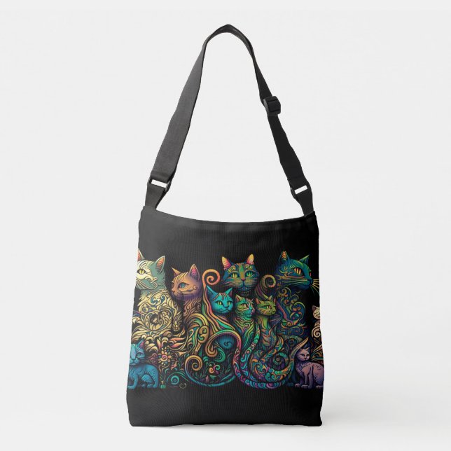 Stylised Cat Tribe Colours on Black Frieze Crossbody Bag (Front)