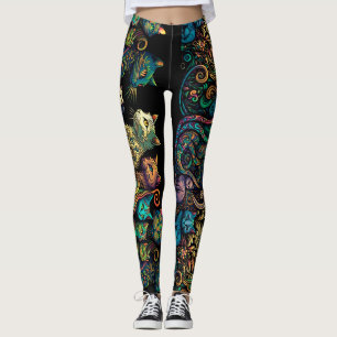 Stylised Cat Tribe Colours on Black Frieze Leggings