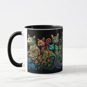 Stylised Cat Tribe Colours on Black Frieze Mug