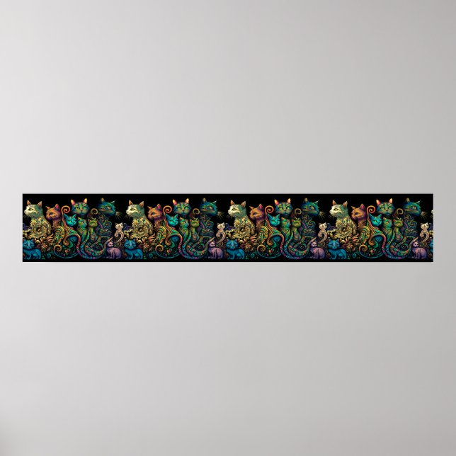 Stylised Cat Tribe Colours on Black Frieze Poster (Front)