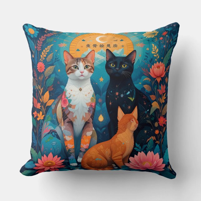 Stylised Cats Geometric Abstract Scene 🐱 Cushion (Front)