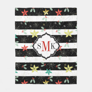 Stylised Christmas holly & poinsettia pattern Fleece Blanket