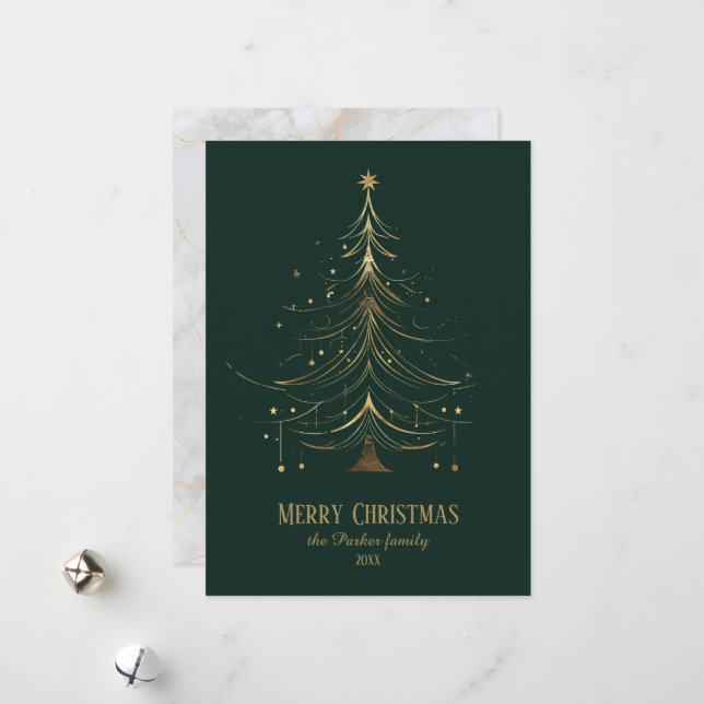 Stylised Christmas Tree in Gold on Dark Background Holiday Card (Front/Back In Situ)