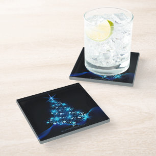 stylised Christmas tree SlipperyJoe glowing blue s Glass Coaster