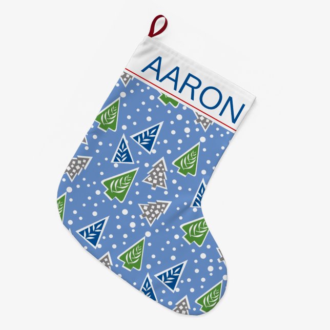 Stylised Christmas trees pattern blue and name Large Christmas Stocking (Front (Hanging))