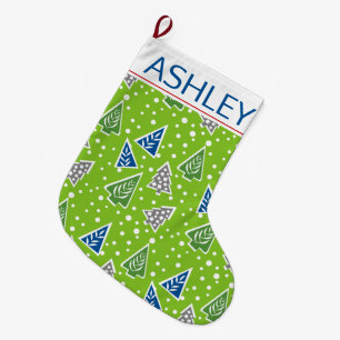 Stylised Christmas trees pattern lime green, name Large Christmas Stocking
