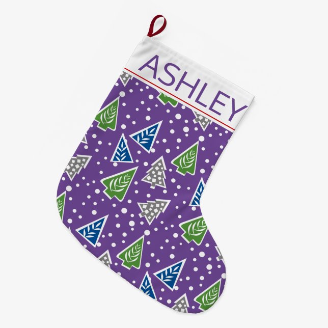 Stylised Christmas trees pattern purple and name Large Christmas Stocking (Front (Hanging))