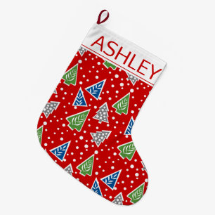 Stylised Christmas trees pattern red and name Large Christmas Stocking