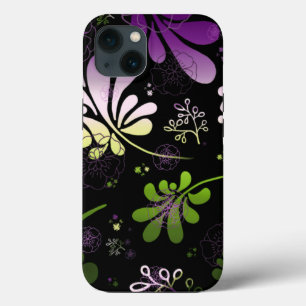 Stylised colourful leaves and flowers on black iPhone 13 case