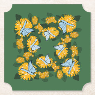 Stylised Dandelion Butterflies Yellow Green Paper Coaster