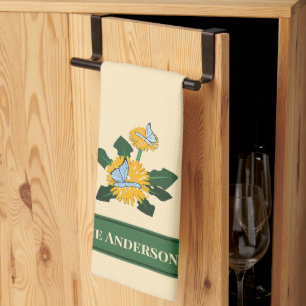 Stylised Dandelion Butterfly Custom Family Name Tea Towel