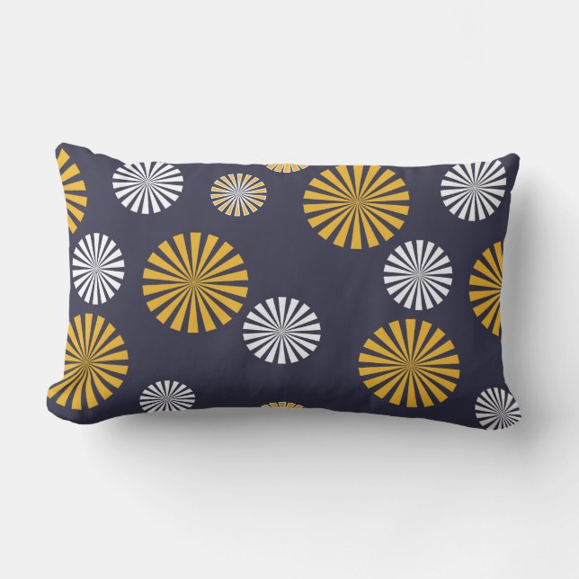 Stylised dandelions, navy blue, yellow, white lumbar cushion (Front)