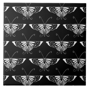 Stylised Deco butterfly  - black and white Tile