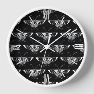 Stylised Deco butterfly - black and white Wall Clock