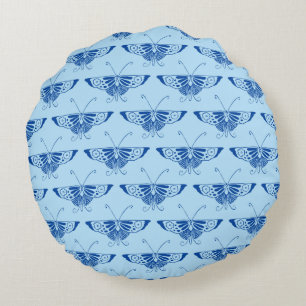 Stylised Deco butterfly - cobalt and pale blue Round Cushion