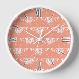 Stylised Deco butterfly - coral orange Clock