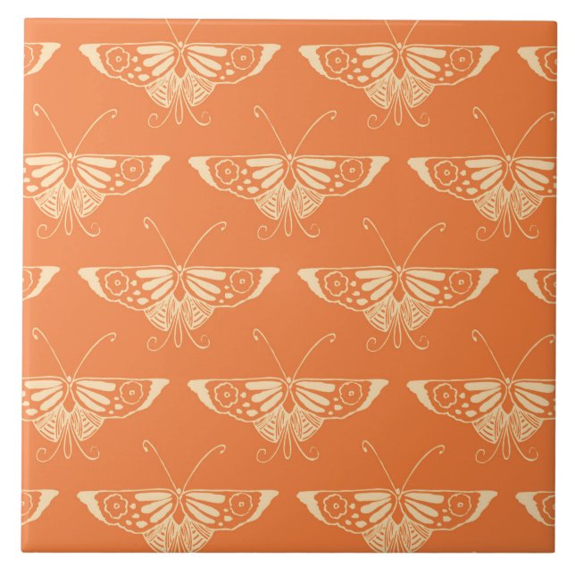 Stylised Deco butterfly  - coral orange Tile (Front)