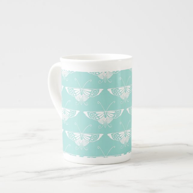 Stylised Deco butterfly  - ice blue Bone China Mug (Front Left)