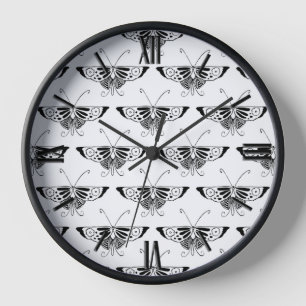 Stylised Deco butterfly - white and black Clock