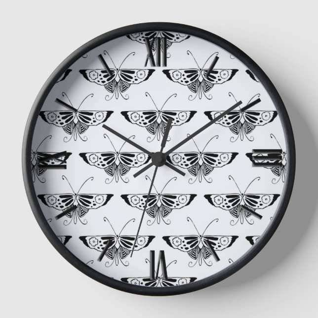 Stylised Deco butterfly  - white and black Clock (Front)