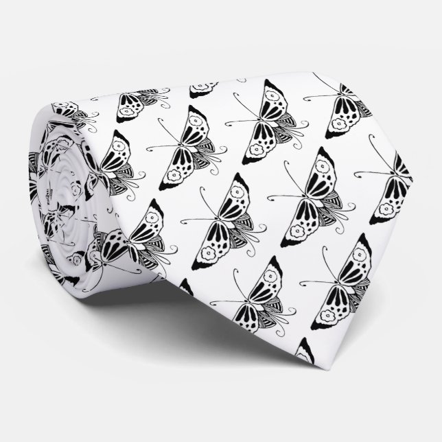 Stylised Deco butterfly  - white and black Tie (Rolled)