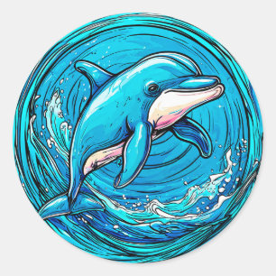 Stylised Dolphin Swimming in Vibrant Blue Waves Classic Round Sticker