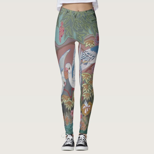 Stylised Doves in Blooming Garden Leggings (Front)