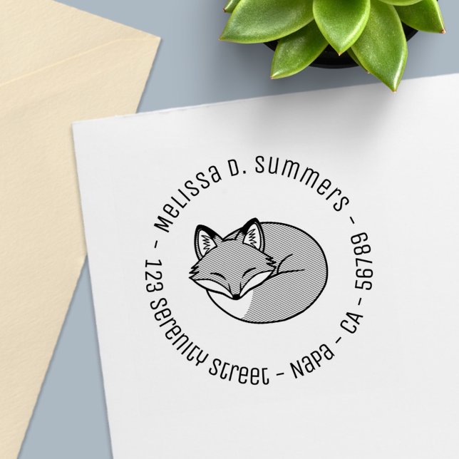 Stylised Etched Sleeping Fox Round Address 2 Self-inking Stamp (Creator Uploaded)