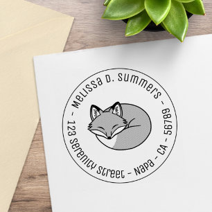 Stylised Etched Sleeping Fox Round Address 3 Rubber Stamp