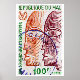 Stylised Faces Mali 1980s Postage Stamp - Vintage Poster