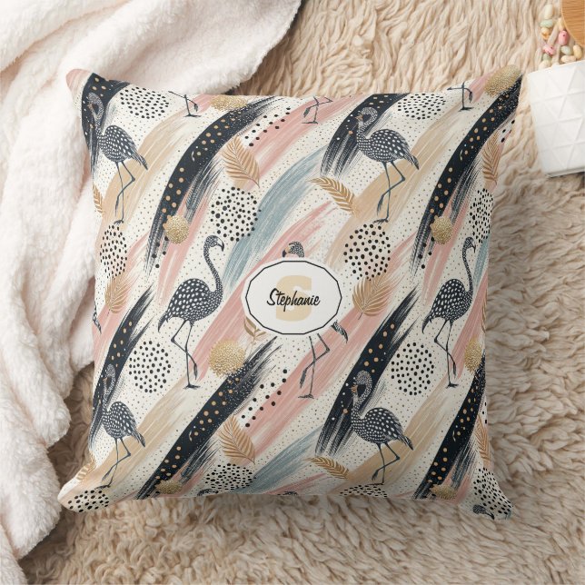 Stylised Flamingo & Brushstroke Pattern Cushion (Blanket)