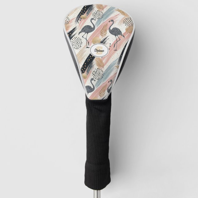 Stylised Flamingo & Brushstroke Pattern Golf Head Cover (Front)