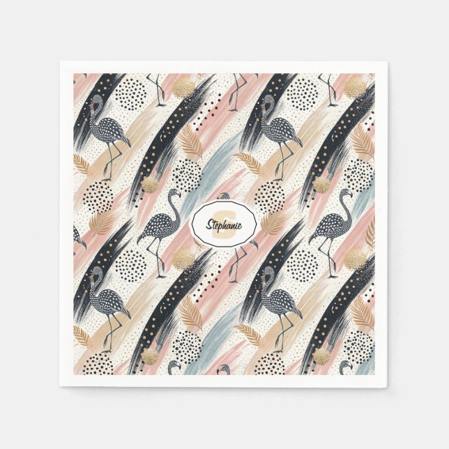 Stylised Flamingo & Brushstroke Pattern Napkin (Front)