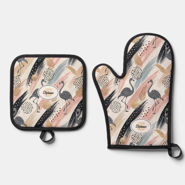 Stylised Flamingo & Brushstroke Pattern Oven Mitt & Pot Holder Set (Front)