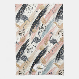 Stylised Flamingo & Brushstroke Pattern Tea Towel