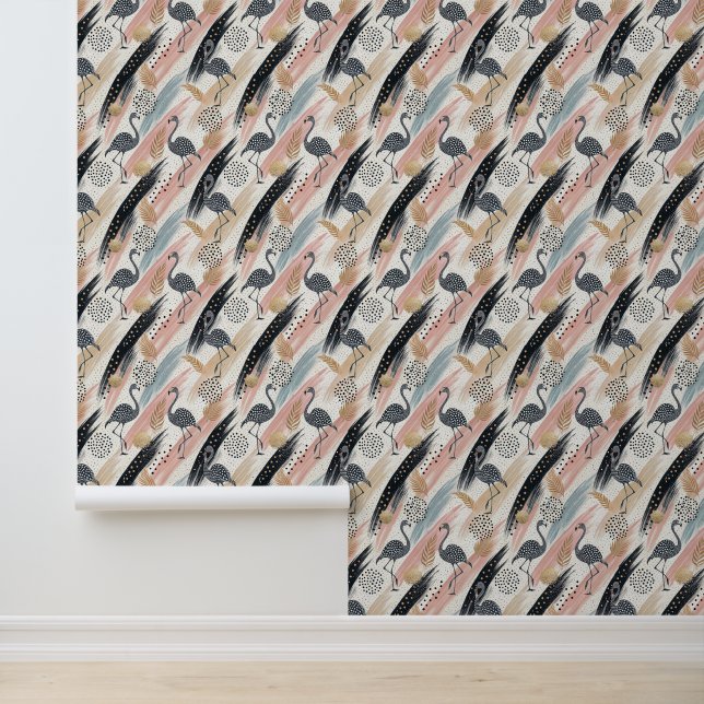 Stylised Flamingo & Brushstroke Pattern Wallpaper (Application)