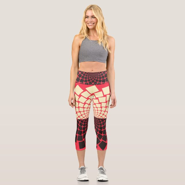 Stylised Flower: Black Red Ivory Capri Leggings (Front)