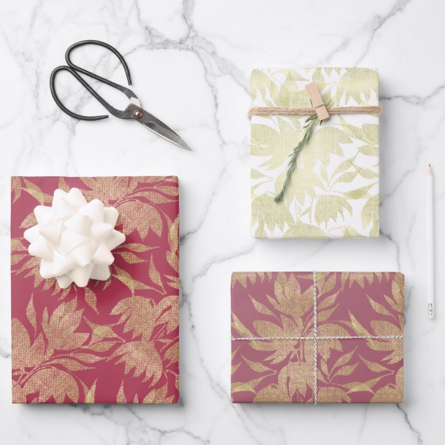 Stylised Flowers Art Deco Burgundy Wrapping Paper Sheet (Front)
