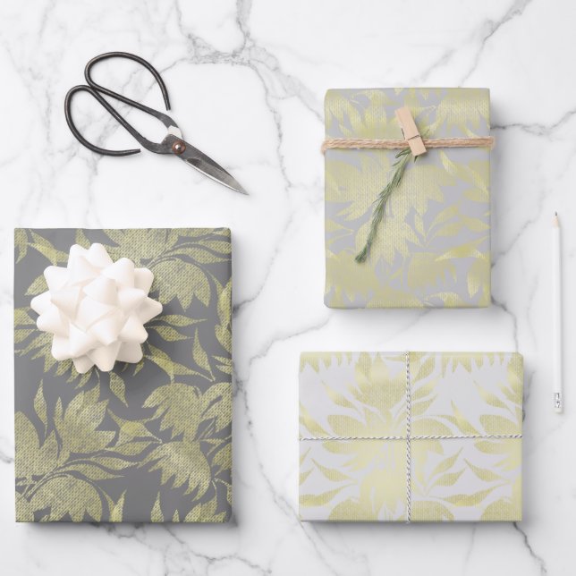 Stylised Flowers Art Deco Golden and Grey Wrapping Paper Sheet (Front)