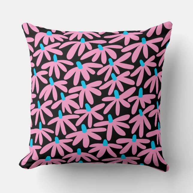 Stylised Flowers - Pink, Sky Blue and Black Cushion (Front)