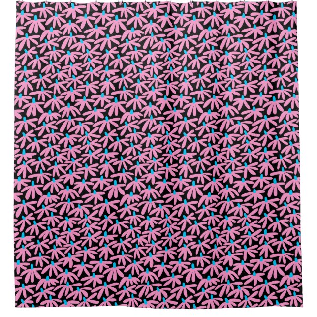 Stylised Flowers - Pink, Sky Blue and Black Shower Curtain (Front)